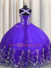 Sleeveless Tulle Floor Length Lace Up Ball Gown Prom Dress in Purple with Beading and Appliques