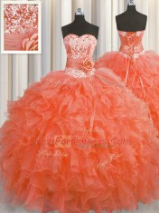 Glamorous Handcrafted Flower Sweetheart Sleeveless Sweet 16 Dress Floor Length Beading and Ruffles and Hand Made Flower Red Organza