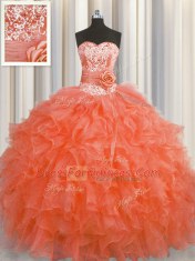 Glamorous Handcrafted Flower Sweetheart Sleeveless Sweet 16 Dress Floor Length Beading and Ruffles and Hand Made Flower Red Organza