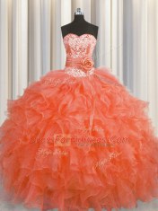 Glamorous Handcrafted Flower Sweetheart Sleeveless Sweet 16 Dress Floor Length Beading and Ruffles and Hand Made Flower Red Organza
