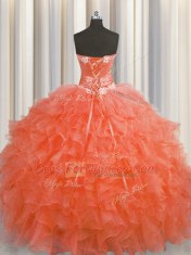 Glamorous Handcrafted Flower Sweetheart Sleeveless Sweet 16 Dress Floor Length Beading and Ruffles and Hand Made Flower Red Organza