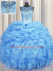 Sumptuous See Through Light Blue Organza Lace Up 15 Quinceanera Dress Sleeveless Floor Length Beading and Ruffles and Pick Ups