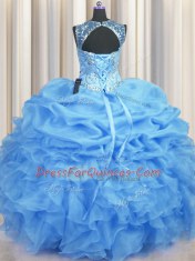 Sumptuous See Through Light Blue Organza Lace Up 15 Quinceanera Dress Sleeveless Floor Length Beading and Ruffles and Pick Ups