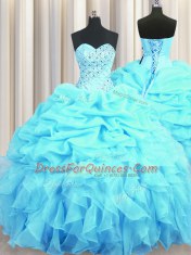 Aqua Blue Ball Gowns Beading and Ruffles and Pick Ups 15 Quinceanera Dress Lace Up Organza Sleeveless Floor Length