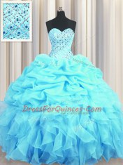 Aqua Blue Ball Gowns Beading and Ruffles and Pick Ups 15 Quinceanera Dress Lace Up Organza Sleeveless Floor Length
