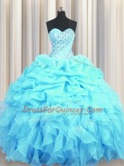 Aqua Blue Ball Gowns Beading and Ruffles and Pick Ups 15 Quinceanera Dress Lace Up Organza Sleeveless Floor Length