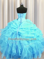 Aqua Blue Ball Gowns Beading and Ruffles and Pick Ups 15 Quinceanera Dress Lace Up Organza Sleeveless Floor Length