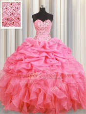 Rose Pink Ball Gown Prom Dress Military Ball and Sweet 16 and Quinceanera and For with Beading and Ruffles and Pick Ups Halter Top Sleeveless Lace Up