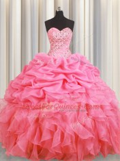 Rose Pink Ball Gown Prom Dress Military Ball and Sweet 16 and Quinceanera and For with Beading and Ruffles and Pick Ups Halter Top Sleeveless Lace Up