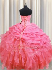 Rose Pink Ball Gown Prom Dress Military Ball and Sweet 16 and Quinceanera and For with Beading and Ruffles and Pick Ups Halter Top Sleeveless Lace Up