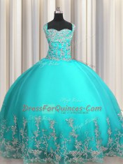 Aqua Blue Sweetheart Lace Up Beading and Appliques Quinceanera Gown Sleeveless