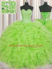 Fantastic Visible Boning Ball Gowns Beading and Ruffles Quince Ball Gowns Lace Up Organza Sleeveless Floor Length
