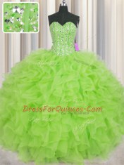 Fantastic Visible Boning Ball Gowns Beading and Ruffles Quince Ball Gowns Lace Up Organza Sleeveless Floor Length
