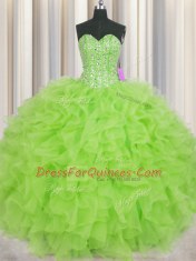 Fantastic Visible Boning Ball Gowns Beading and Ruffles Quince Ball Gowns Lace Up Organza Sleeveless Floor Length