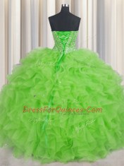 Fantastic Visible Boning Ball Gowns Beading and Ruffles Quince Ball Gowns Lace Up Organza Sleeveless Floor Length