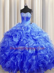 Organza Sweetheart Sleeveless Sweep Train Lace Up Beading and Ruffles Vestidos de Quinceanera in Royal Blue