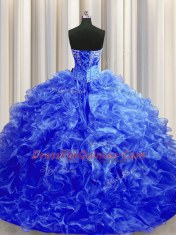 Organza Sweetheart Sleeveless Sweep Train Lace Up Beading and Ruffles Vestidos de Quinceanera in Royal Blue