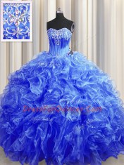 Organza Sweetheart Sleeveless Sweep Train Lace Up Beading and Ruffles Vestidos de Quinceanera in Royal Blue