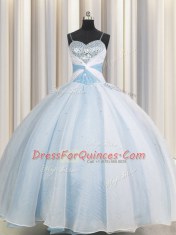 Spaghetti Straps Beading and Ruching Quince Ball Gowns Light Blue Lace Up Sleeveless Floor Length
