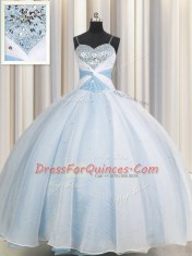 Spaghetti Straps Beading and Ruching Quince Ball Gowns Light Blue Lace Up Sleeveless Floor Length