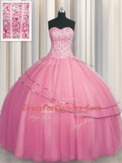 Ideal Visible Boning Big Puffy Sweetheart Sleeveless Lace Up Vestidos de Quinceanera Rose Pink Tulle