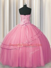 Ideal Visible Boning Big Puffy Sweetheart Sleeveless Lace Up Vestidos de Quinceanera Rose Pink Tulle