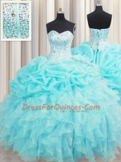 Visible Boning Sleeveless Floor Length Beading and Ruffles and Pick Ups Lace Up Quinceanera Dress with Aqua Blue