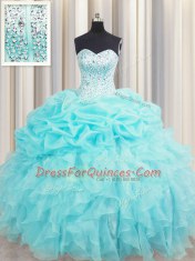 Visible Boning Sleeveless Floor Length Beading and Ruffles and Pick Ups Lace Up Quinceanera Dress with Aqua Blue