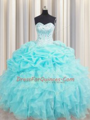 Visible Boning Sleeveless Floor Length Beading and Ruffles and Pick Ups Lace Up Quinceanera Dress with Aqua Blue