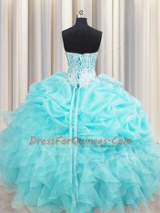 Visible Boning Sleeveless Floor Length Beading and Ruffles and Pick Ups Lace Up Quinceanera Dress with Aqua Blue