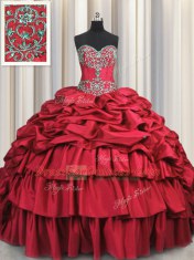 Lace Up Quinceanera Dress Wine Red for Military Ball and Sweet 16 and Quinceanera with Beading and Embroidery and Ruffled Layers and Pick Ups Brush Train