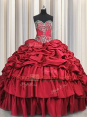Lace Up Quinceanera Dress Wine Red for Military Ball and Sweet 16 and Quinceanera with Beading and Embroidery and Ruffled Layers and Pick Ups Brush Train