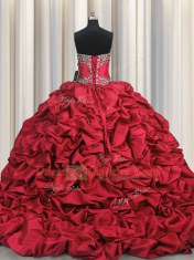 Lace Up Quinceanera Dress Wine Red for Military Ball and Sweet 16 and Quinceanera with Beading and Embroidery and Ruffled Layers and Pick Ups Brush Train
