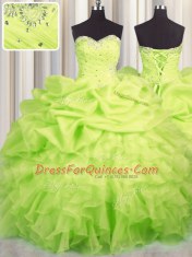 Fashion Floor Length Lace Up Quinceanera Gowns Yellow Green for Military Ball and Sweet 16 and Quinceanera with Beading and Ruffles and Ruching and Pick Ups