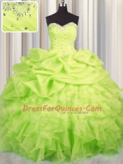 Fashion Floor Length Lace Up Quinceanera Gowns Yellow Green for Military Ball and Sweet 16 and Quinceanera with Beading and Ruffles and Ruching and Pick Ups