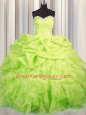 Fashion Floor Length Lace Up Quinceanera Gowns Yellow Green for Military Ball and Sweet 16 and Quinceanera with Beading and Ruffles and Ruching and Pick Ups