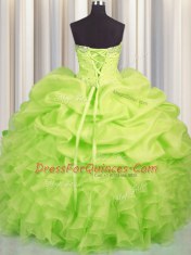 Fashion Floor Length Lace Up Quinceanera Gowns Yellow Green for Military Ball and Sweet 16 and Quinceanera with Beading and Ruffles and Ruching and Pick Ups