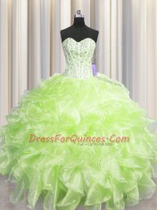 Edgy Visible Boning Floor Length Ball Gowns Sleeveless Yellow Green 15 Quinceanera Dress Zipper