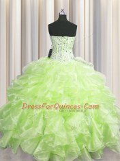 Edgy Visible Boning Floor Length Ball Gowns Sleeveless Yellow Green 15 Quinceanera Dress Zipper