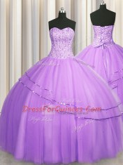 Cheap Visible Boning Puffy Skirt Lilac Ball Gowns Tulle Sweetheart Sleeveless Beading Floor Length Lace Up 15th Birthday Dress