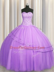 Cheap Visible Boning Puffy Skirt Lilac Ball Gowns Tulle Sweetheart Sleeveless Beading Floor Length Lace Up 15th Birthday Dress