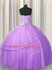 Cheap Visible Boning Puffy Skirt Lilac Ball Gowns Tulle Sweetheart Sleeveless Beading Floor Length Lace Up 15th Birthday Dress