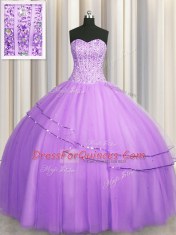 Cheap Visible Boning Puffy Skirt Lilac Ball Gowns Tulle Sweetheart Sleeveless Beading Floor Length Lace Up 15th Birthday Dress