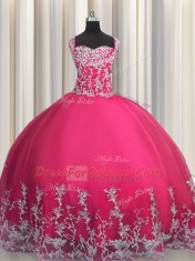Excellent Hot Pink Straps Neckline Beading and Appliques 15 Quinceanera Dress Sleeveless Lace Up