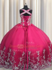 Excellent Hot Pink Straps Neckline Beading and Appliques 15 Quinceanera Dress Sleeveless Lace Up