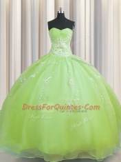 Zipper Up Sleeveless Organza Floor Length Zipper Ball Gown Prom Dress in Olive Green with Beading and Appliques