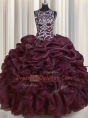 Fantastic See Through Burgundy Organza Lace Up Scoop Sleeveless Floor Length Sweet 16 Dresses Beading and Pick Ups