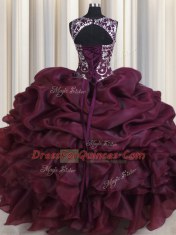 Fantastic See Through Burgundy Organza Lace Up Scoop Sleeveless Floor Length Sweet 16 Dresses Beading and Pick Ups