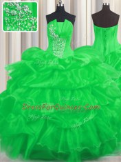 Great Green Lace Up 15th Birthday Dress Beading and Ruffled Layers and Pick Ups Sleeveless Floor Length