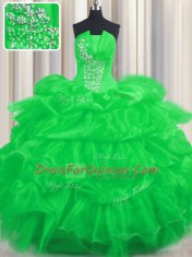 Great Green Lace Up 15th Birthday Dress Beading and Ruffled Layers and Pick Ups Sleeveless Floor Length